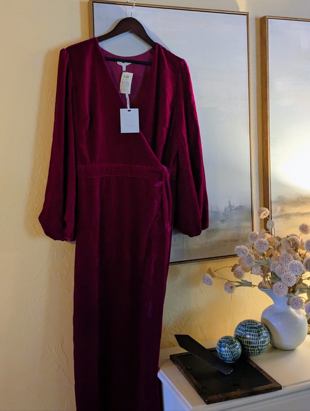 Harlyn Velvet Long Sleeve Wrap Dress in Magenta